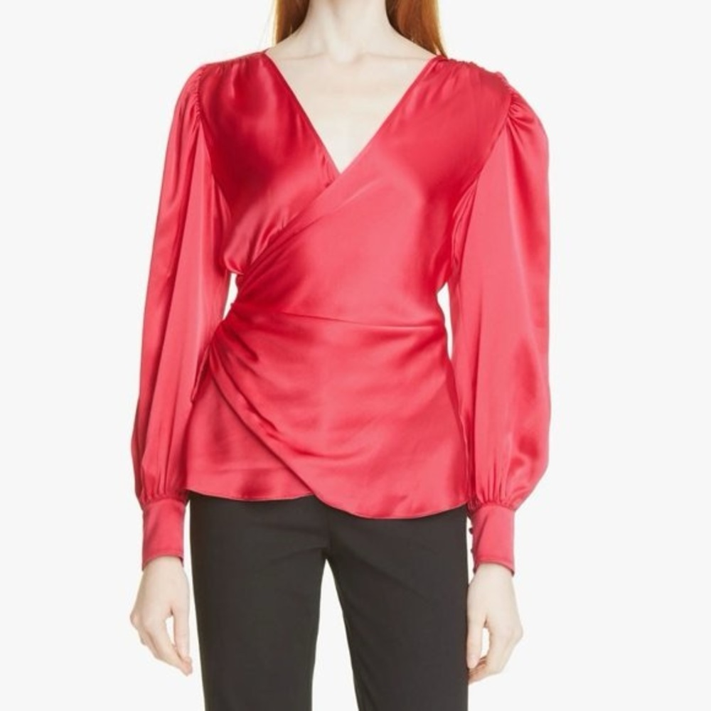 Cinq a Sept Red Asymmetrical Ruched Long Sleeve Blouse